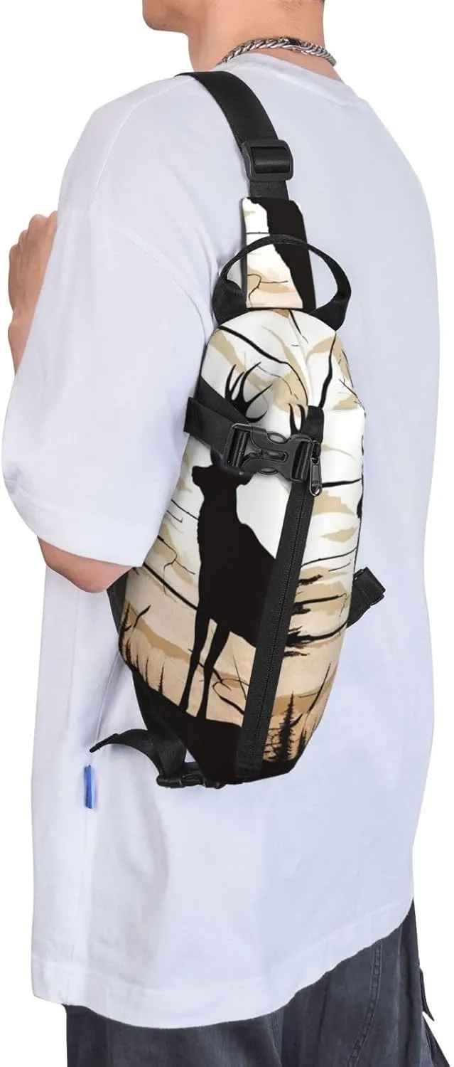 Sling Bag for Women Men Shoulder Bag Window Flower Chest Bag Travel Fanny Pack Lightweight Casual Daypack, Wild Elk Silhouette, One Size