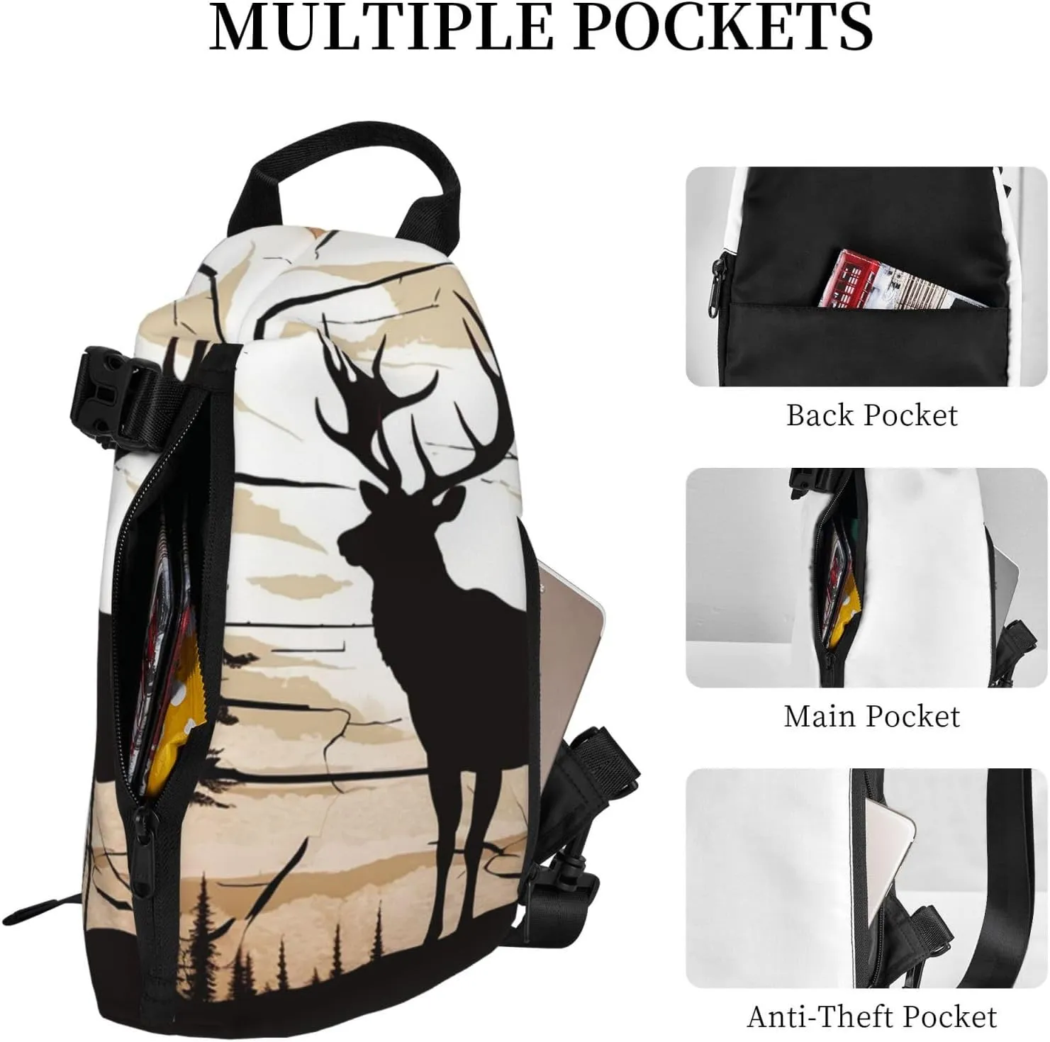 Sling Bag for Women Men Shoulder Bag Window Flower Chest Bag Travel Fanny Pack Lightweight Casual Daypack, Wild Elk Silhouette, One Size