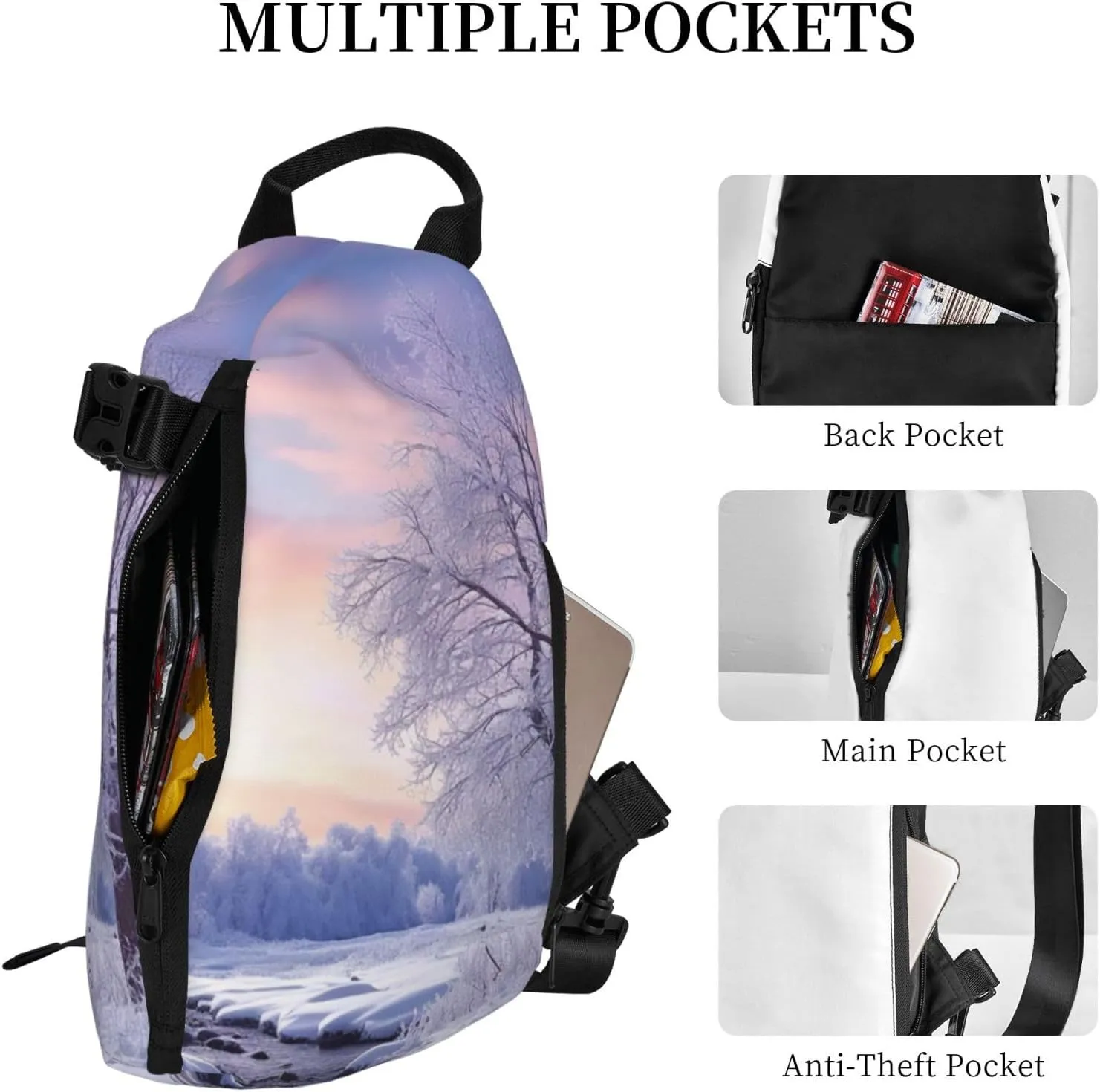 Sling Bag for Women Men Shoulder Bag Winter X-mas Chest Bag Travel Fanny Pack Lightweight Casual Daypack, Winter Landscape, One Size