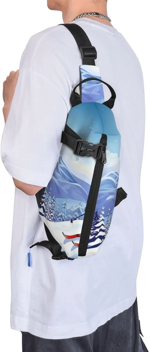 Sling Bag for Women Men Shoulder Bag Winter X-mas Chest Bag Travel Fanny Pack Lightweight Casual Daypack, Winter Skiing, One Size