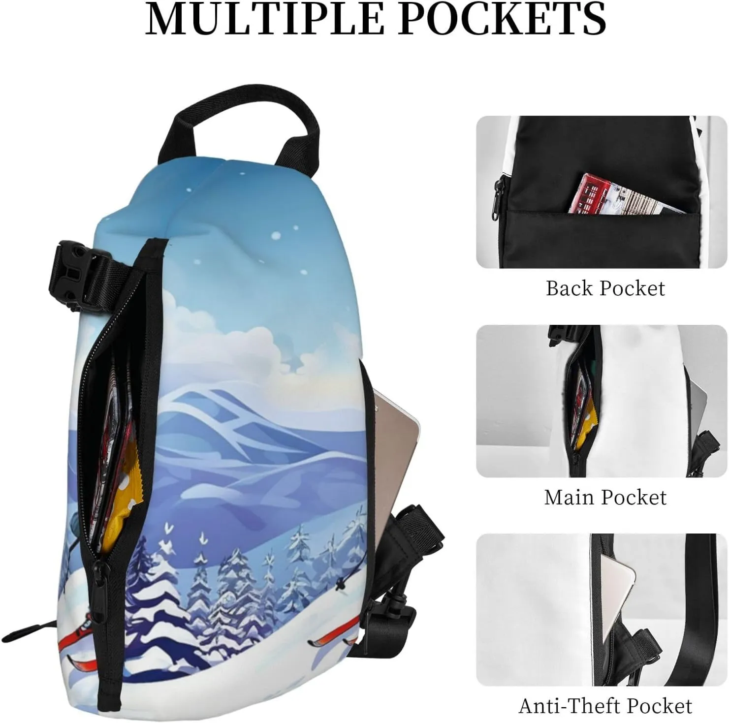 Sling Bag for Women Men Shoulder Bag Winter X-mas Chest Bag Travel Fanny Pack Lightweight Casual Daypack, Winter Skiing, One Size