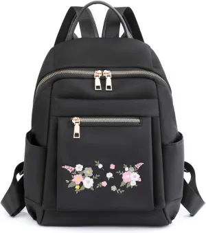 Small Black Women's Fashion Travel Backpack Bag, Lady Small Daily Daypack, Light Weight Casual Satchel Handbags Shoulder Bag (Embroidered Flowers)