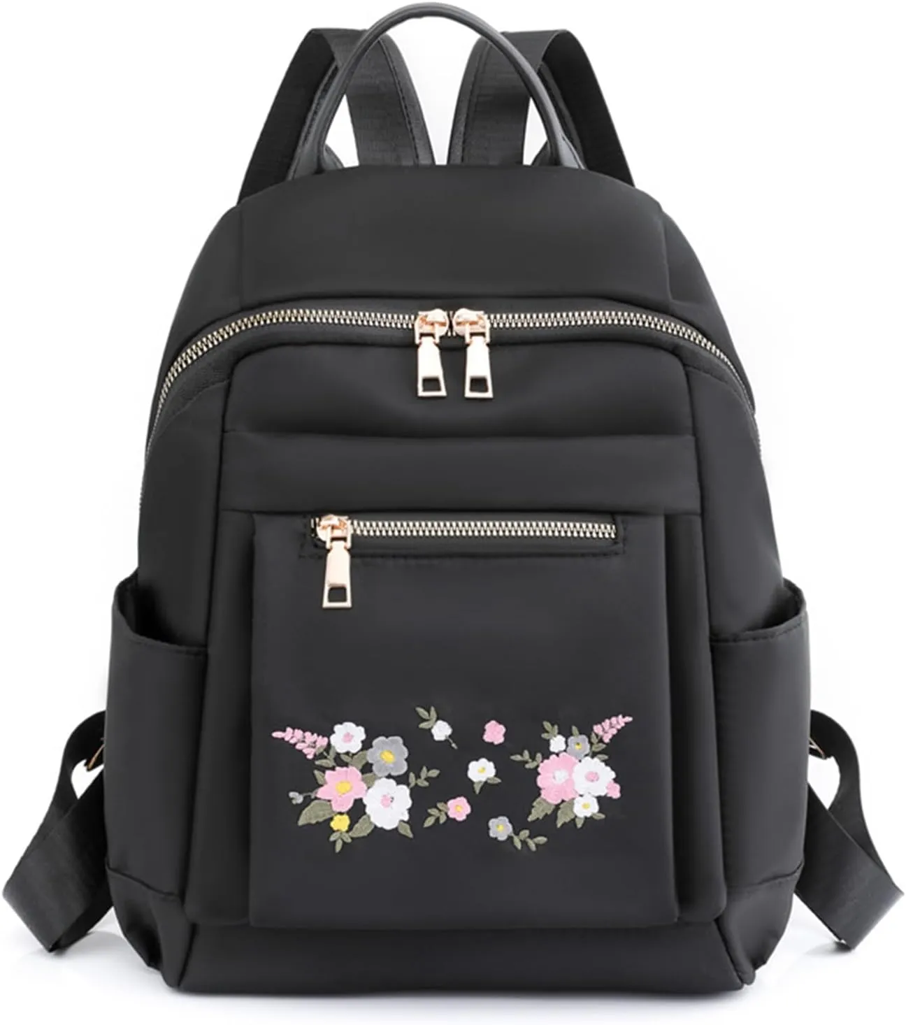 Small Black Women's Fashion Travel Backpack Bag, Lady Small Daily Daypack, Light Weight Casual Satchel Handbags Shoulder Bag (Embroidered Flowers)