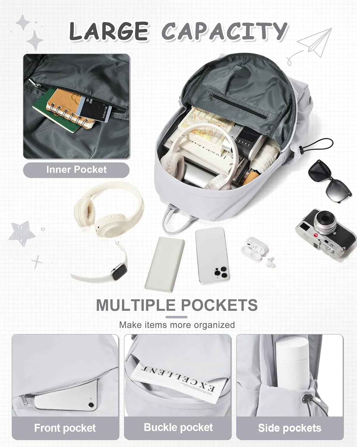 Small Grey Backpack for School Women Girls, Waterproof Bookbag Cute High School Back Pack for Men Teen Boys, Lightweight Travel College Backpack Mochilas Escolares para Casual Daypack Rucksack