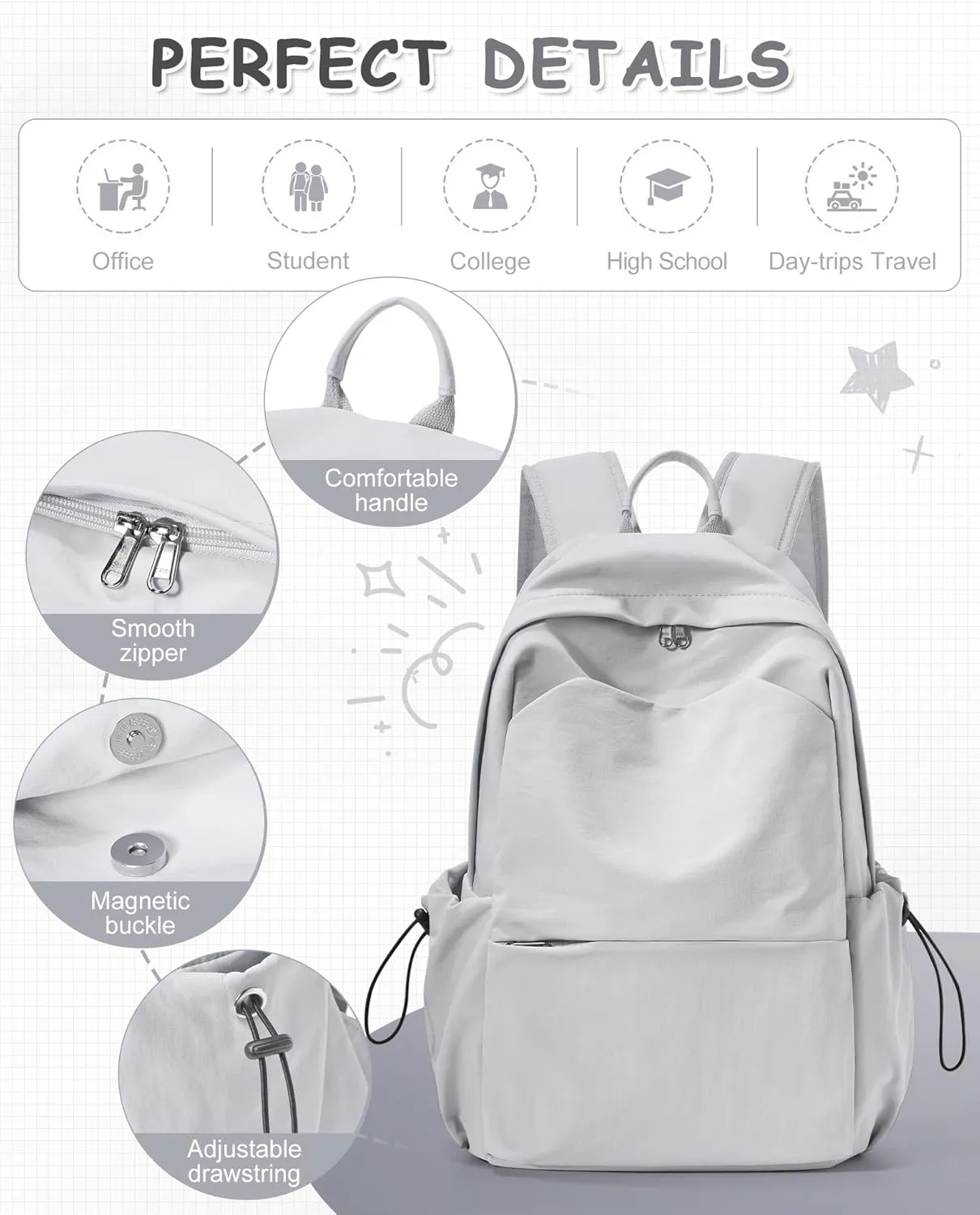 Small Grey Backpack for School Women Girls, Waterproof Bookbag Cute High School Back Pack for Men Teen Boys, Lightweight Travel College Backpack Mochilas Escolares para Casual Daypack Rucksack