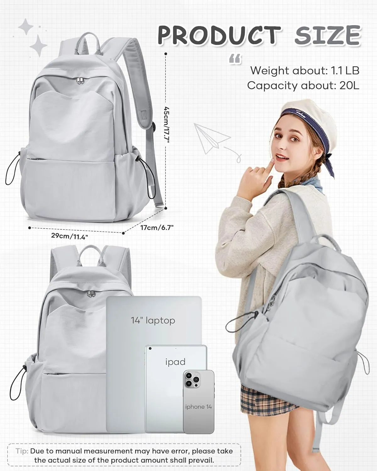 Small Grey Backpack for School Women Girls, Waterproof Bookbag Cute High School Back Pack for Men Teen Boys, Lightweight Travel College Backpack Mochilas Escolares para Casual Daypack Rucksack