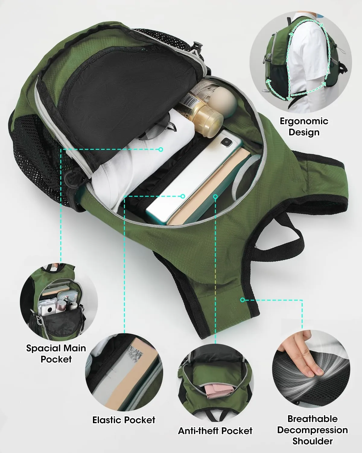 Small Hiking Backpack with Front Phone Holder, Packable Back pack with Chest and Waist Strap, Lightweight Daypack for Women Men