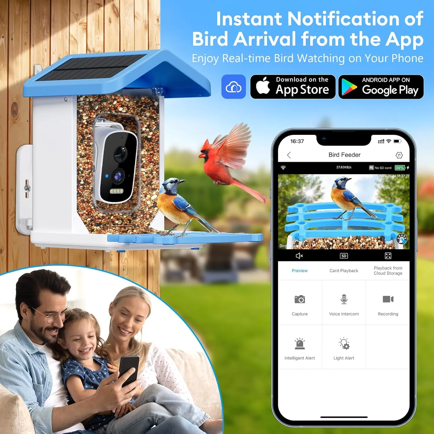 Smart Bird Feeder with Camera Solar Powered, 2.5k HD Video Bird Feeder Auto Capture & AI Identification, Real Time Notifications, Gift for Father, Blue