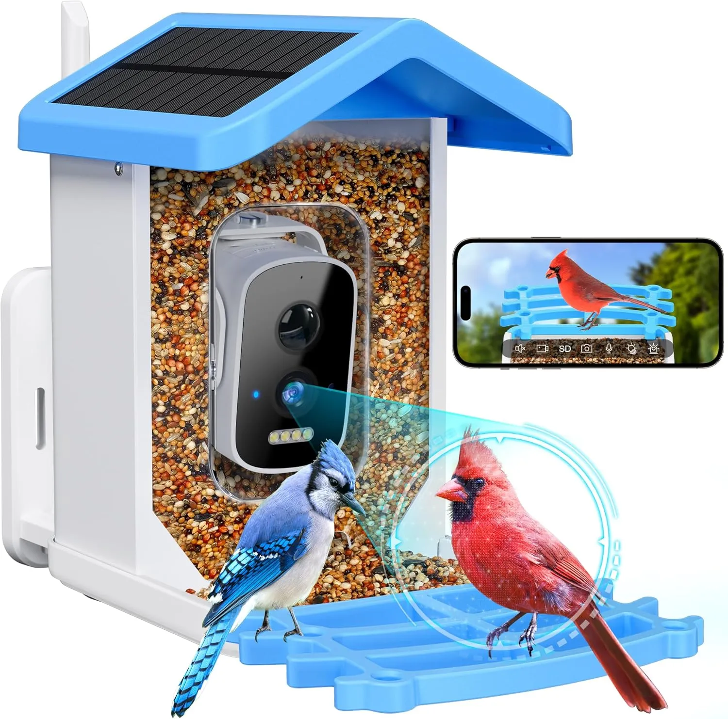 Smart Bird Feeder with Camera Solar Powered, 2.5k HD Video Bird Feeder Auto Capture & AI Identification, Real Time Notifications, Gift for Father, Blue