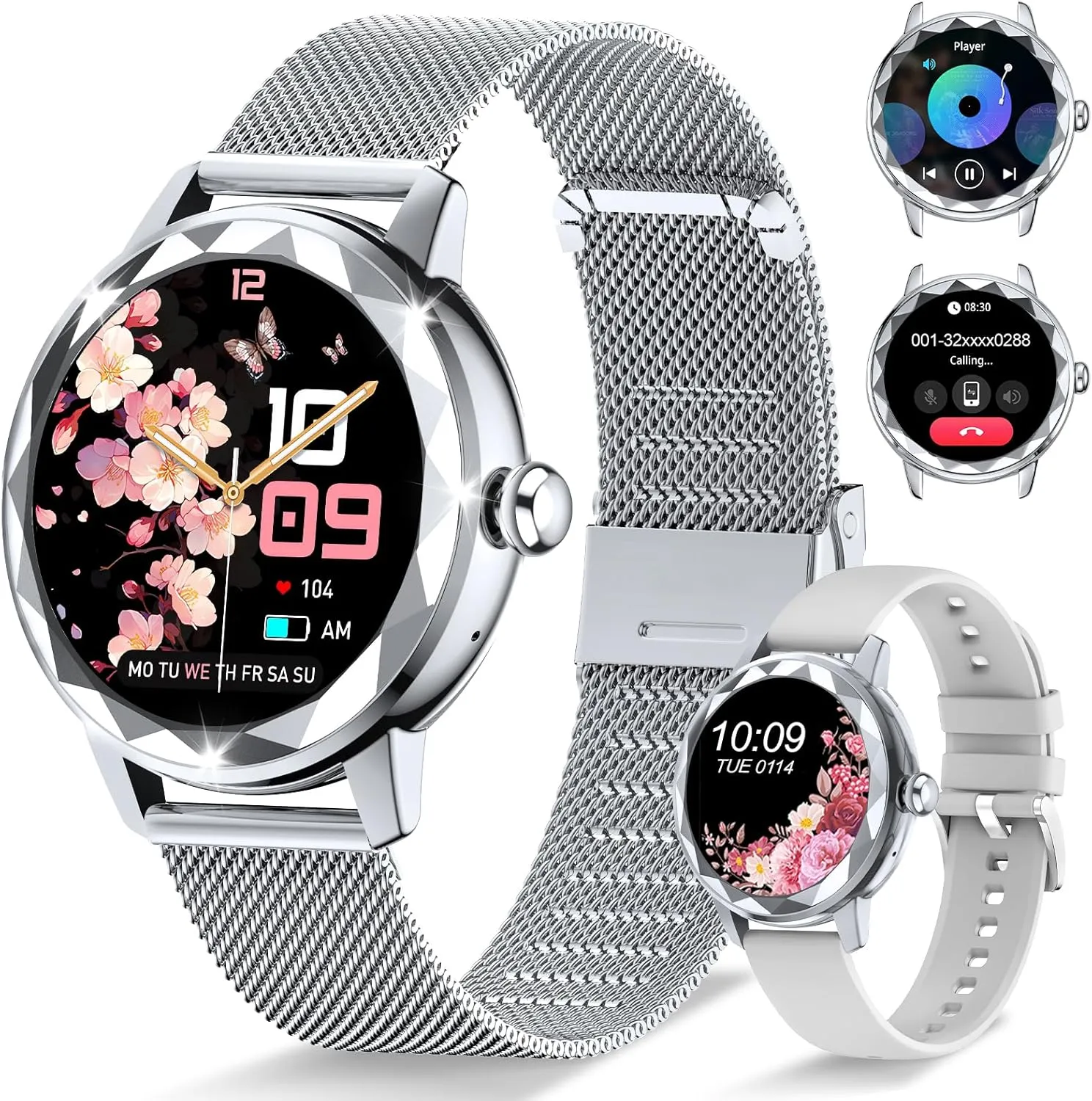 Smart Watch for Women with Make/Answer Call, 1.2" Adjustable Fitness Watch with Heart Rate Sleep Monitor Female Cycle and 100  Sports Modes for iOS Android (G02-Silver)