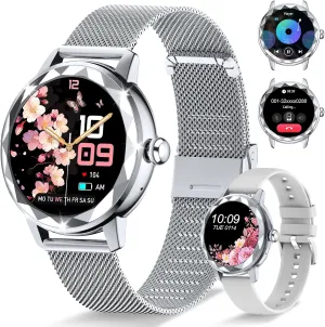 Smart Watch for Women with Make/Answer Call, 1.2" Adjustable Fitness Watch with Heart Rate Sleep Monitor Female Cycle and 100  Sports Modes for iOS Android (G02-Silver)