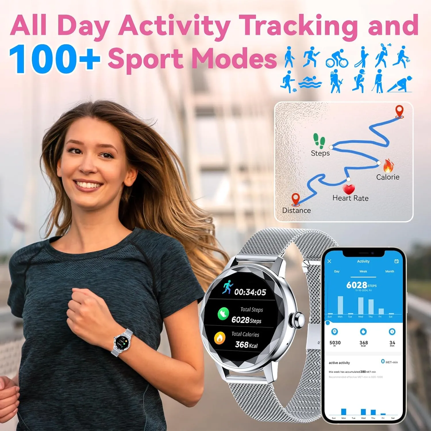 Smart Watch for Women with Make/Answer Call, 1.2" Adjustable Fitness Watch with Heart Rate Sleep Monitor Female Cycle and 100  Sports Modes for iOS Android (G02-Silver)
