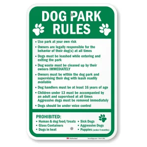 SmartSign 18 x 12 inch “Dog Park Rules - Use At Your Own Risk, Owners Legally Responsible …” Metal Sign, 63 mil Aluminum, 3M Laminated Engineer Grade Reflective Material, Green and White, USA-Made