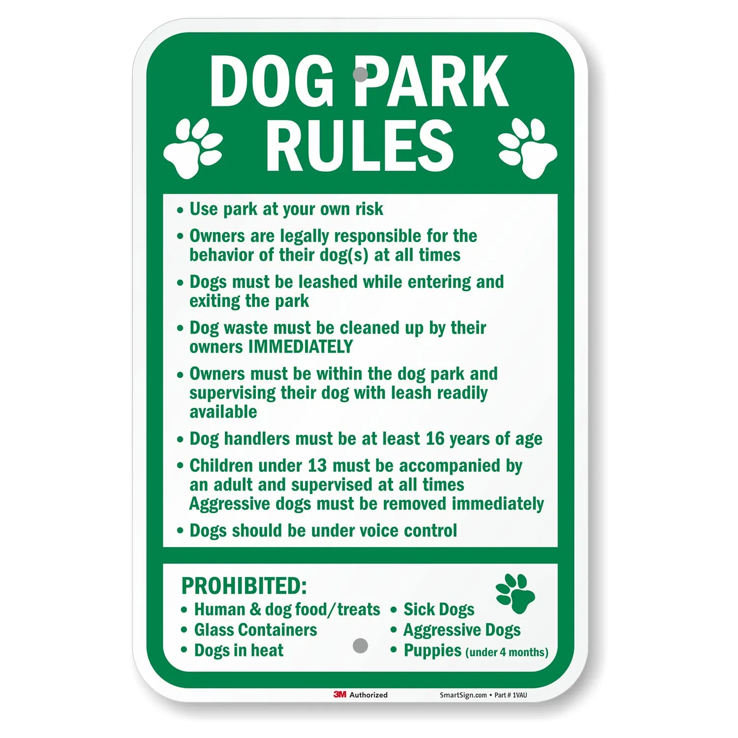 SmartSign 18 x 12 inch “Dog Park Rules - Use At Your Own Risk, Owners Legally Responsible …” Metal Sign, 63 mil Aluminum, 3M Laminated Engineer Grade Reflective Material, Green and White, USA-Made