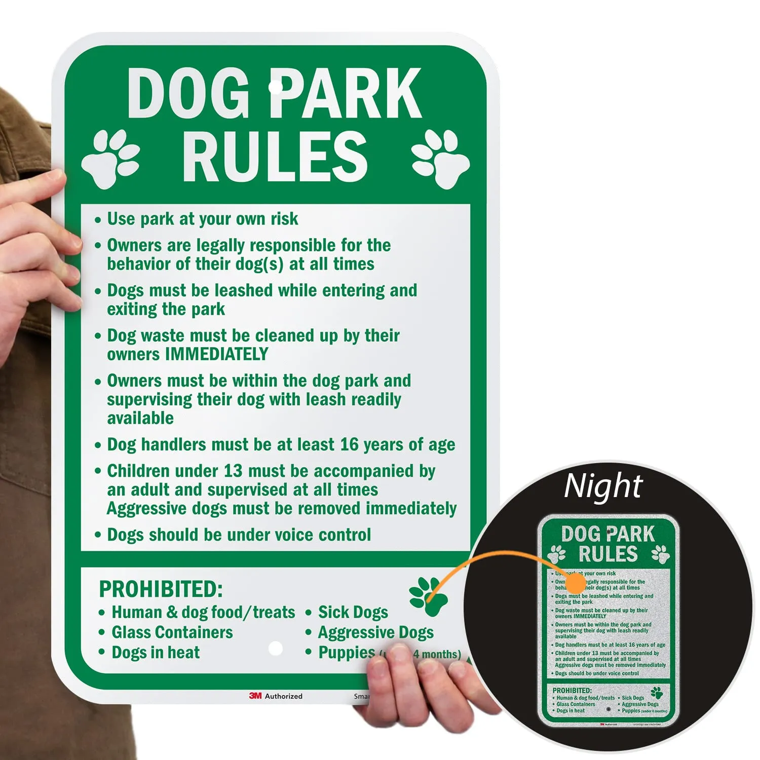 SmartSign 18 x 12 inch “Dog Park Rules - Use At Your Own Risk, Owners Legally Responsible …” Metal Sign, 63 mil Aluminum, 3M Laminated Engineer Grade Reflective Material, Green and White, USA-Made