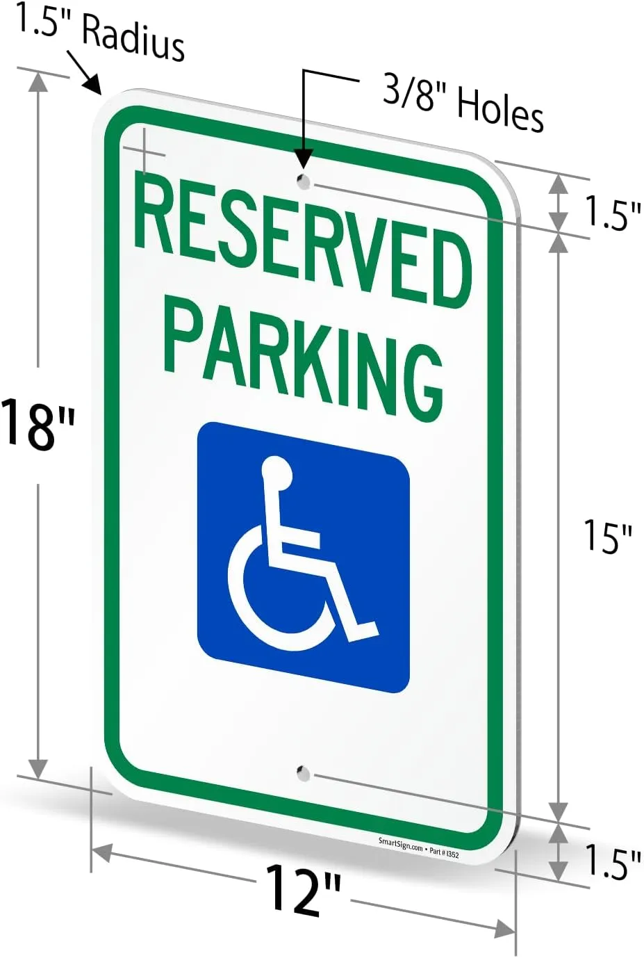 SmartSign (Pack of 2) 18 x 12 inch Federal Handicap Reserved Parking Sign, 120 mil Aluminum Composite (ACM), Engineer Grade Reflective Material, Blue/Green on White, Made in USA