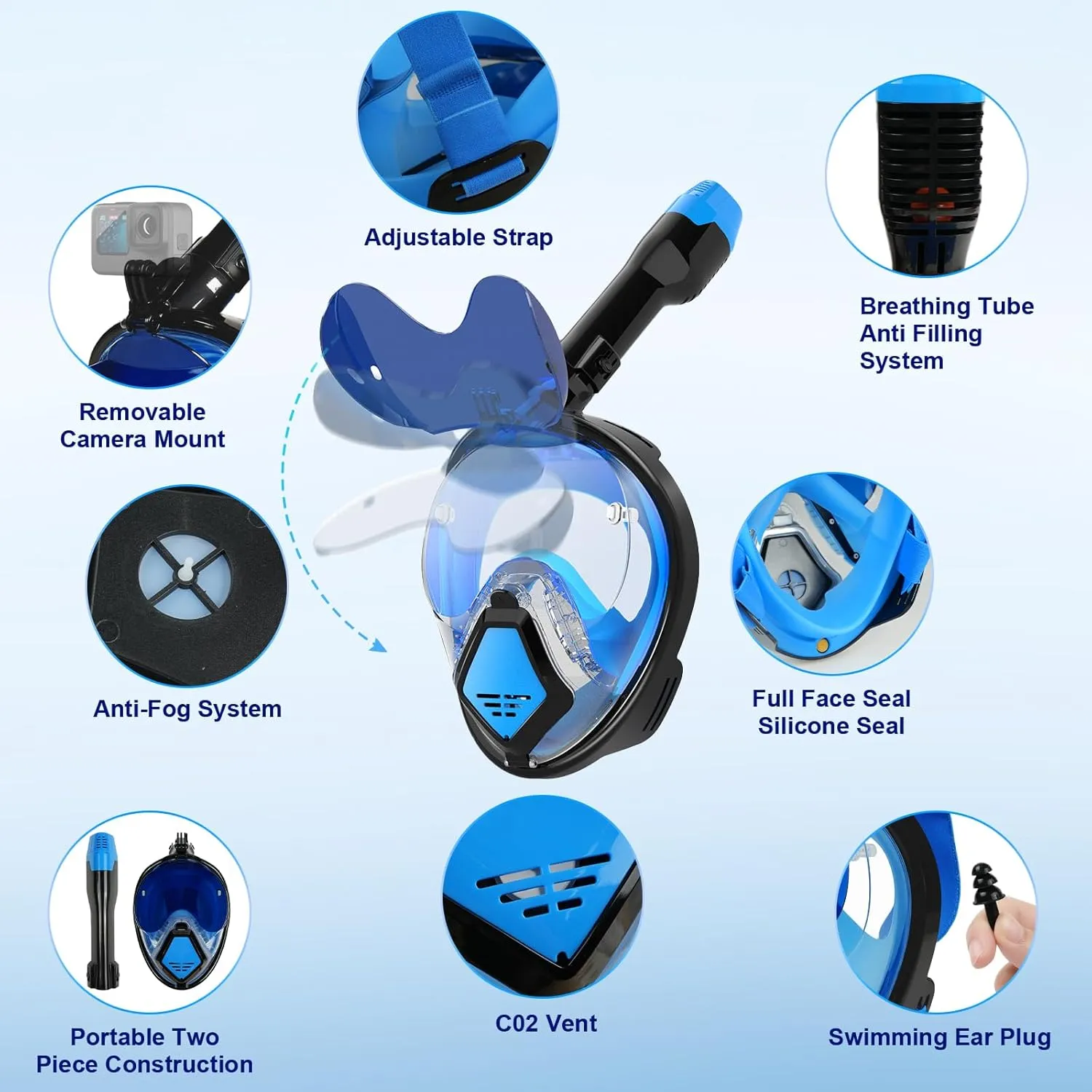Snorkeling Gear for Adults, Full Face Snorkel Mask Adults with Camera Mount, Snorkel Mask for Glasses Wearers Check Valve Air Inlet Breathe Better, Panoramic View Snorkel Set