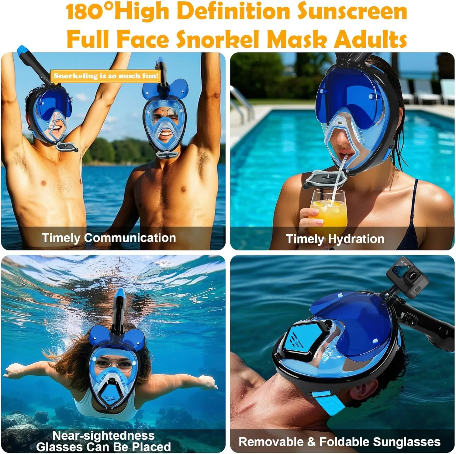Snorkeling Gear for Adults, Full Face Snorkel Mask Adults with Camera Mount, Snorkel Mask for Glasses Wearers Check Valve Air Inlet Breathe Better, Panoramic View Snorkel Set