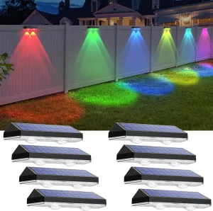 Solar Fence Lights Outdoor - Warm White & RGB 6 Color, Dusk to Dawn Deck Light, IP65 Waterproof Garden Lights for Outside/Backyard/Railing/Step/Patio/Wall (8 pack)