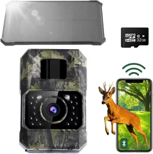 Solar Trail Camera 48MP 30FPS, WiFi Bluetooth Game Camera with Motion Activated 0.2s Trigger, Night Vision Motion Activated IP66 Waterproof for Wildlife Scouting with 32GB Micro SD Card