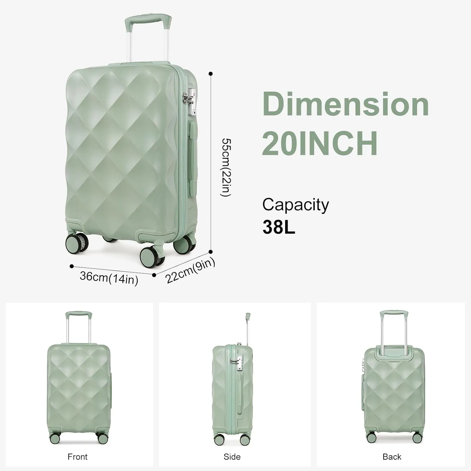 Somago Luggage Sets 20in Carry on Suitcase with TSA Lock YKK Zipper Spinner Wheels ABS Hardside Luggage 3 Piece Weekender Bags Travel Set, Matcha Green