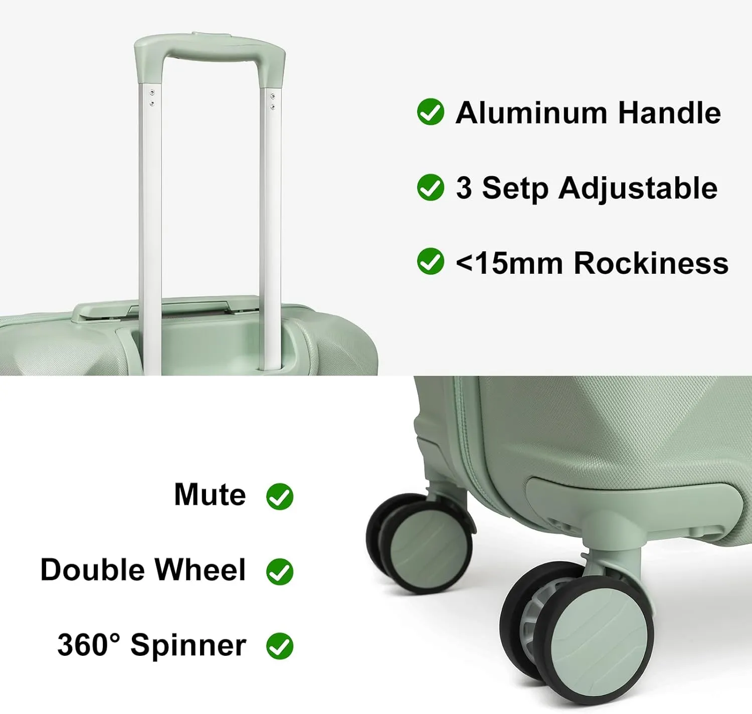 Somago Luggage Sets 20in Carry on Suitcase with TSA Lock YKK Zipper Spinner Wheels ABS Hardside Luggage 3 Piece Weekender Bags Travel Set, Matcha Green