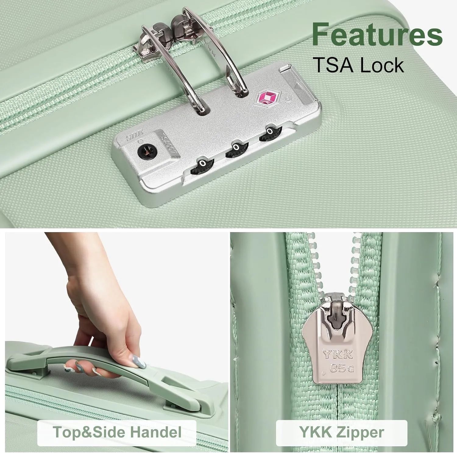 Somago Luggage Sets 20in Carry on Suitcase with TSA Lock YKK Zipper Spinner Wheels ABS Hardside Luggage 3 Piece Weekender Bags Travel Set, Matcha Green