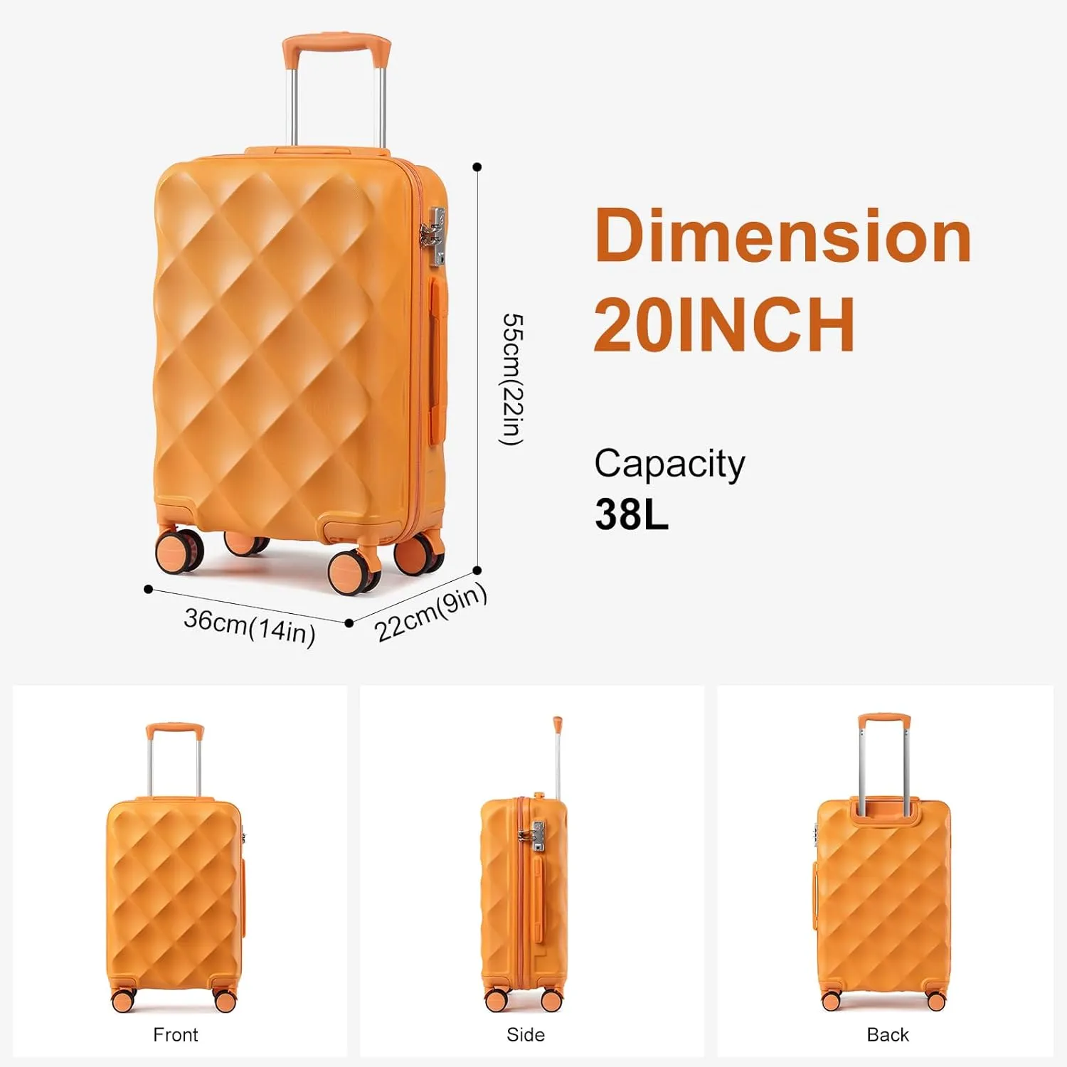 Somago Luggage Sets 20in Carry on Suitcase with TSA Lock YKK Zipper Spinner Wheels ABS Hardside Luggage 3 Piece Weekender Bags Travel Set, Orange