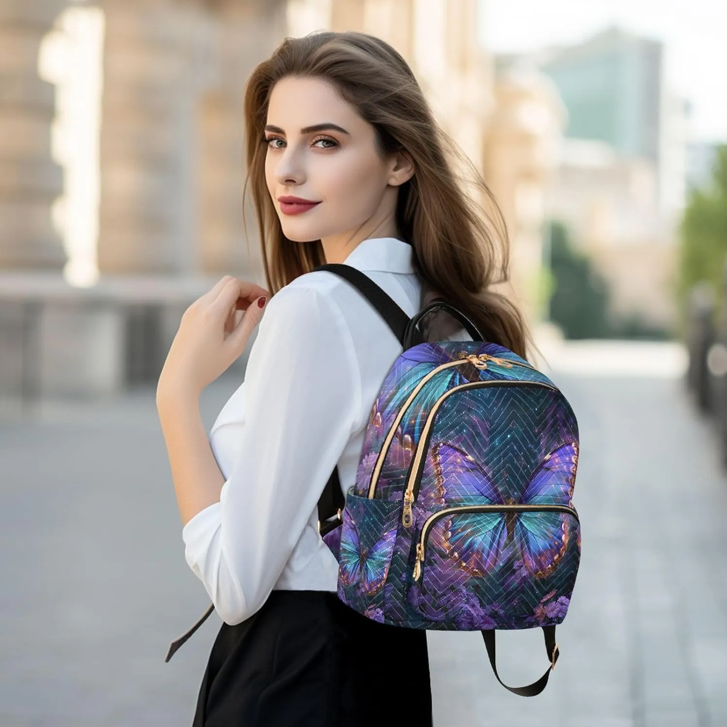 Sparkling Butterfly Daisy Mini Backpack Purse for Women Shoulder Bag Fashion Daypack Ladies Handbag Lightweight Travel Bag Rucksack