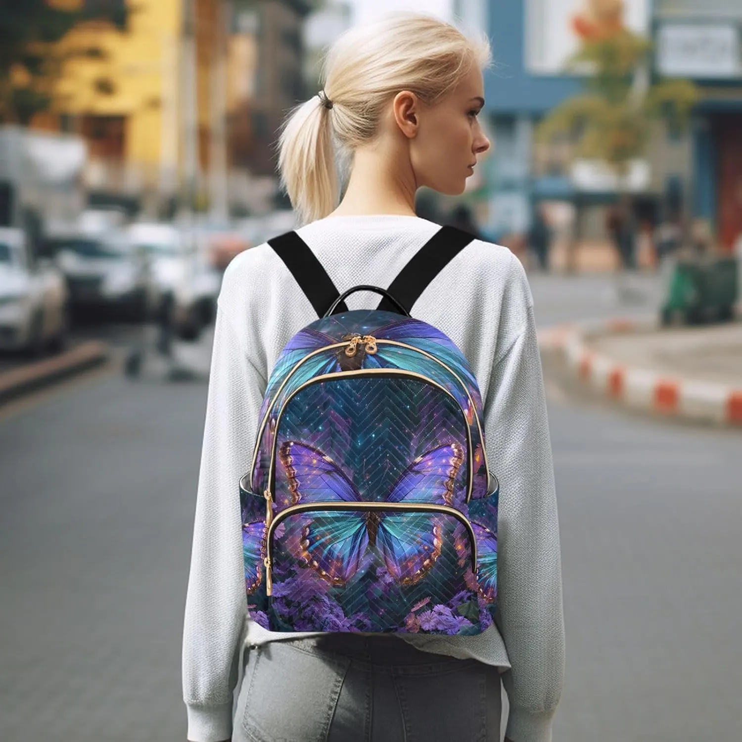 Sparkling Butterfly Daisy Mini Backpack Purse for Women Shoulder Bag Fashion Daypack Ladies Handbag Lightweight Travel Bag Rucksack