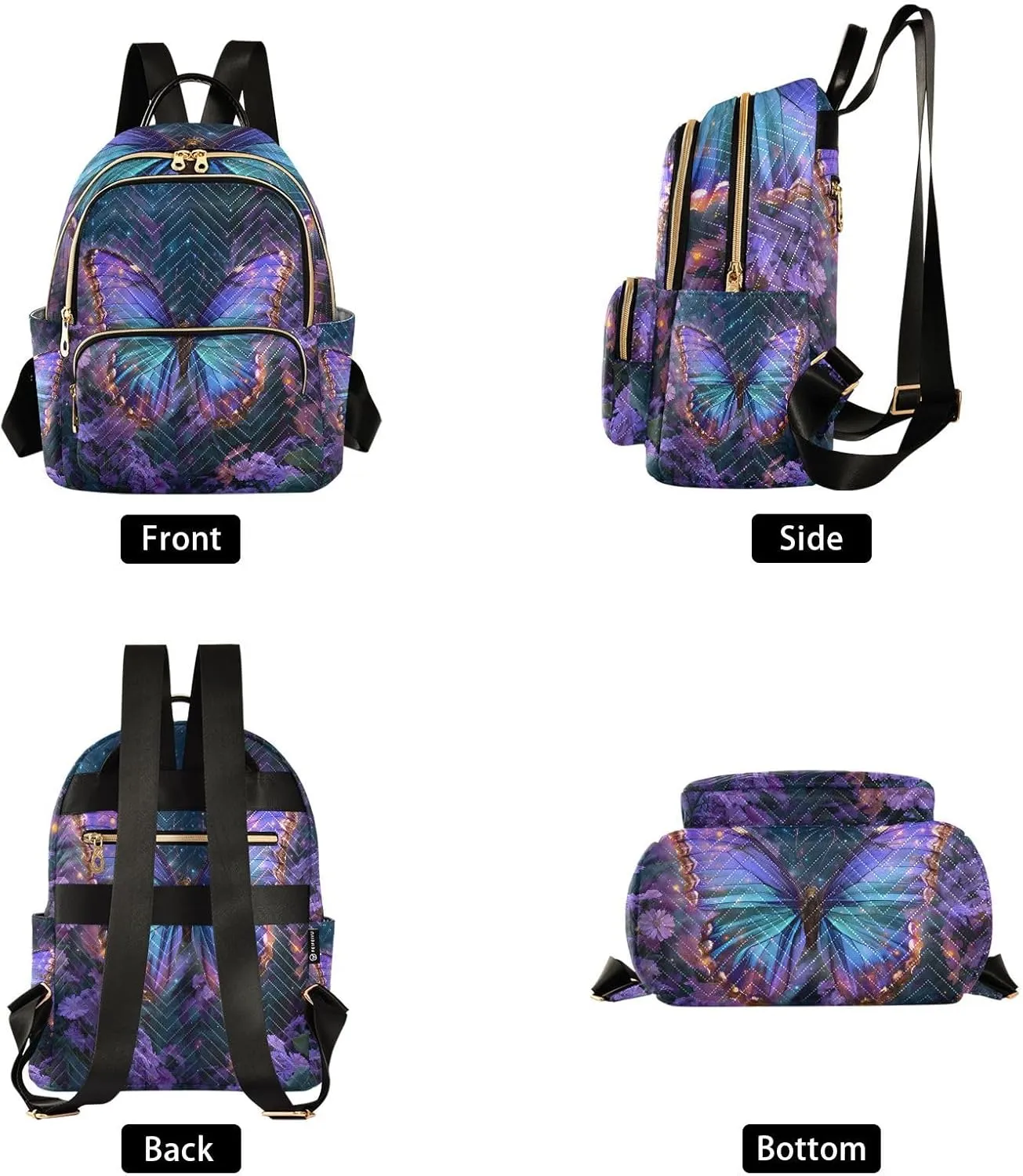 Sparkling Butterfly Daisy Mini Backpack Purse for Women Shoulder Bag Fashion Daypack Ladies Handbag Lightweight Travel Bag Rucksack