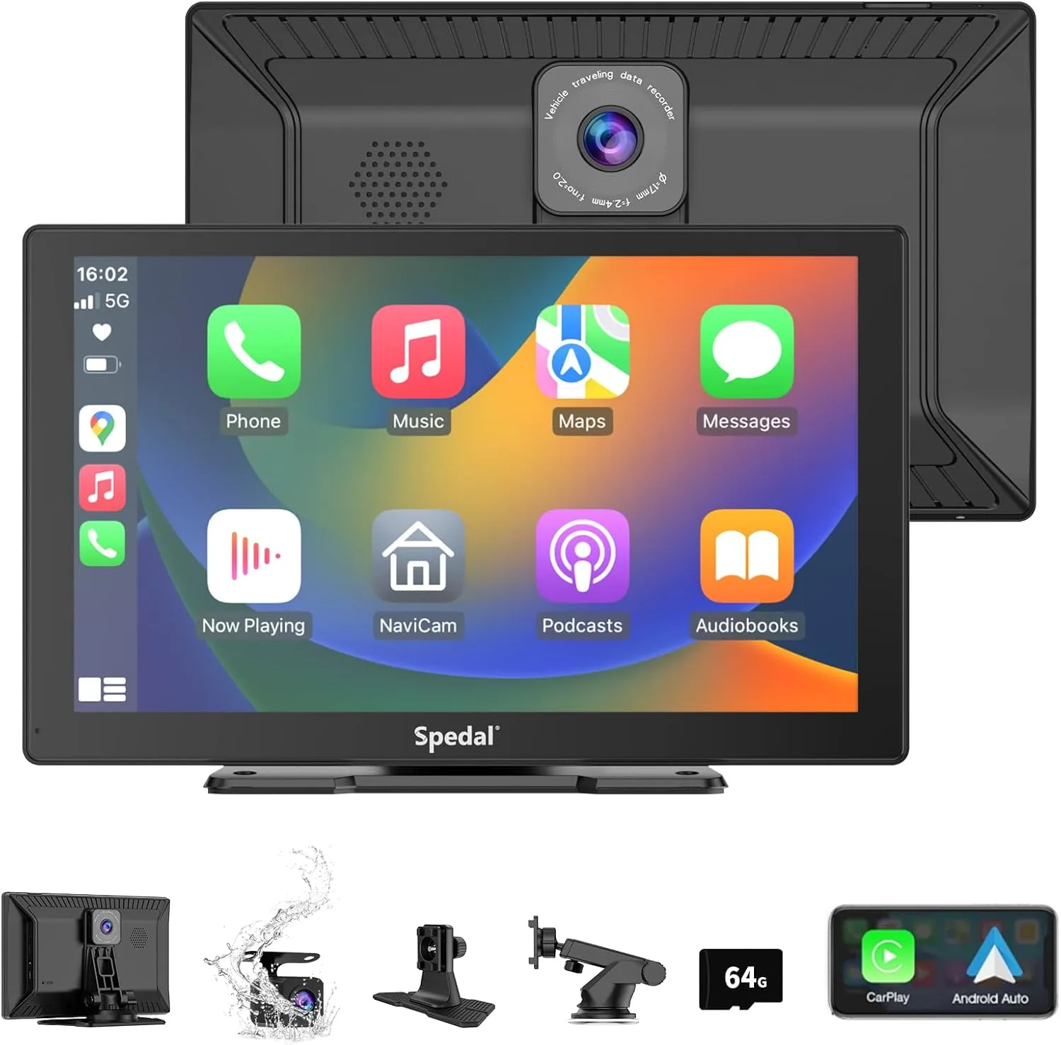 Spedal CL811 Car Play Screen with 2K Dash Cam, 9" Wireless Carplay Android Auto Portable Car Stereo, GPS Navigation, Car Audio Receivers with 1080P Backup Camera, Bluetooth,Mirror Link, AUX/FM