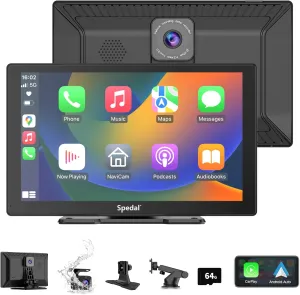 Spedal CL811 Car Play Screen with 2K Dash Cam, 9" Wireless Carplay Android Auto Portable Car Stereo, GPS Navigation, Car Audio Receivers with 1080P Backup Camera, Bluetooth,Mirror Link, AUX/FM