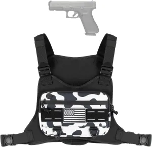 Sports Chest Bag for Man and Women,Fits Most Pistol, Adjustable Tactical Chest Pack Running Vest Pouch Backpack, Water Resistant Reflective for Walkiing Dog Motorcycle Cycling Skiing, Balck White Camo