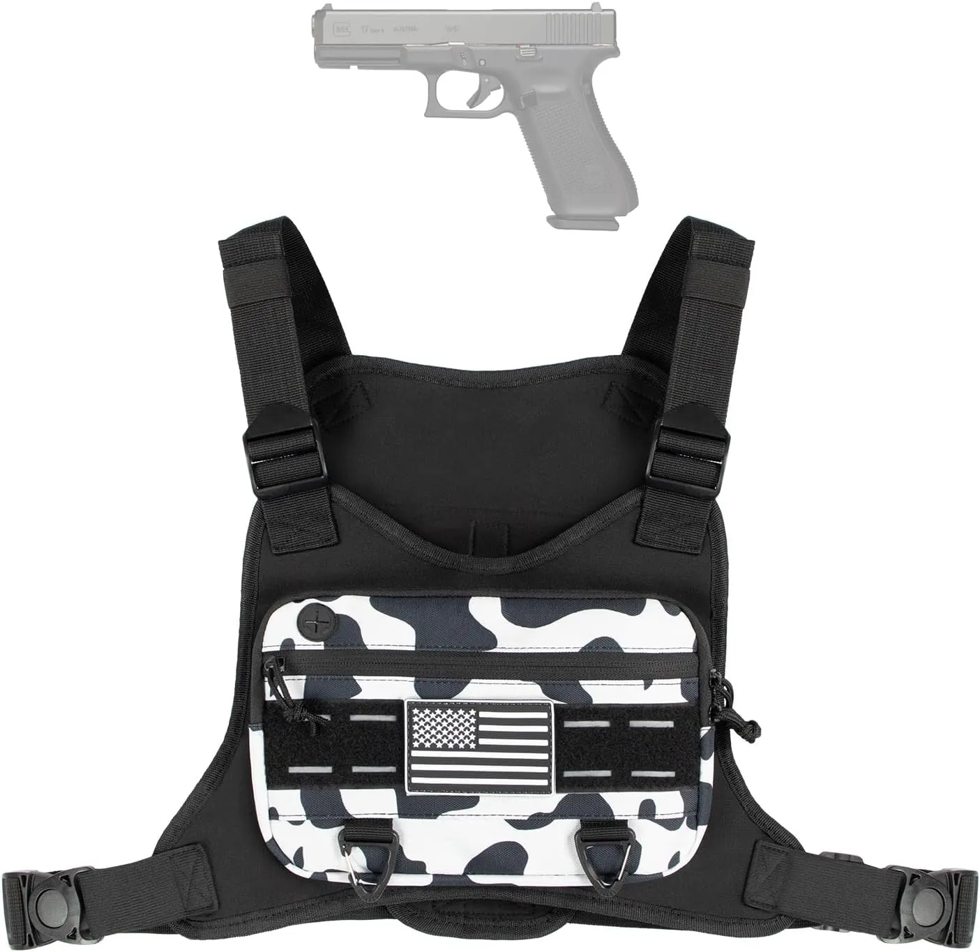 Sports Chest Bag for Man and Women,Fits Most Pistol, Adjustable Tactical Chest Pack Running Vest Pouch Backpack, Water Resistant Reflective for Walkiing Dog Motorcycle Cycling Skiing, Balck White Camo
