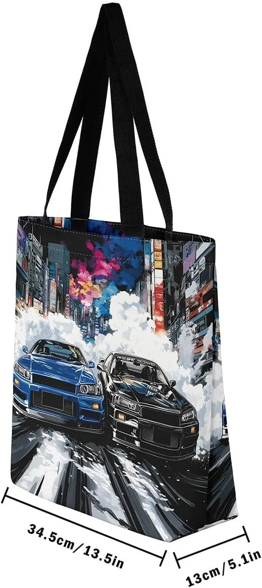Sports Race Car Canvas Tote Bag,Cool Racing Car Shoulder Handbags for Shopping Gym,Large Capacity Travel Bag
