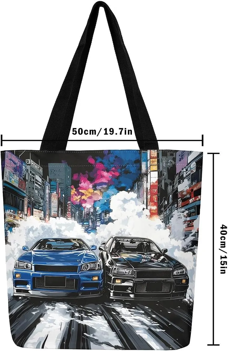 Sports Race Car Canvas Tote Bag,Cool Racing Car Shoulder Handbags for Shopping Gym,Large Capacity Travel Bag