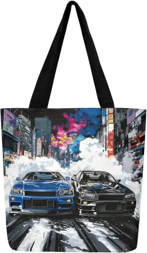 Sports Race Car Canvas Tote Bag,Cool Racing Car Shoulder Handbags for Shopping Gym,Large Capacity Travel Bag