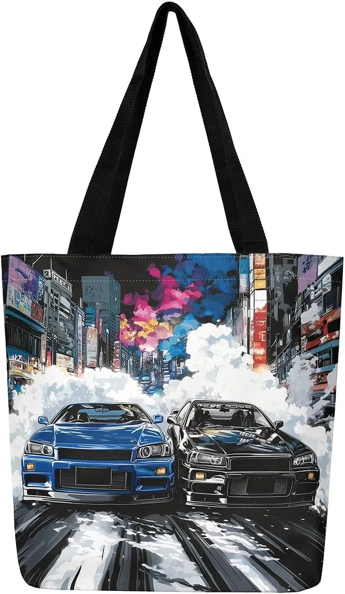 Sports Race Car Canvas Tote Bag,Cool Racing Car Shoulder Handbags for Shopping Gym,Large Capacity Travel Bag