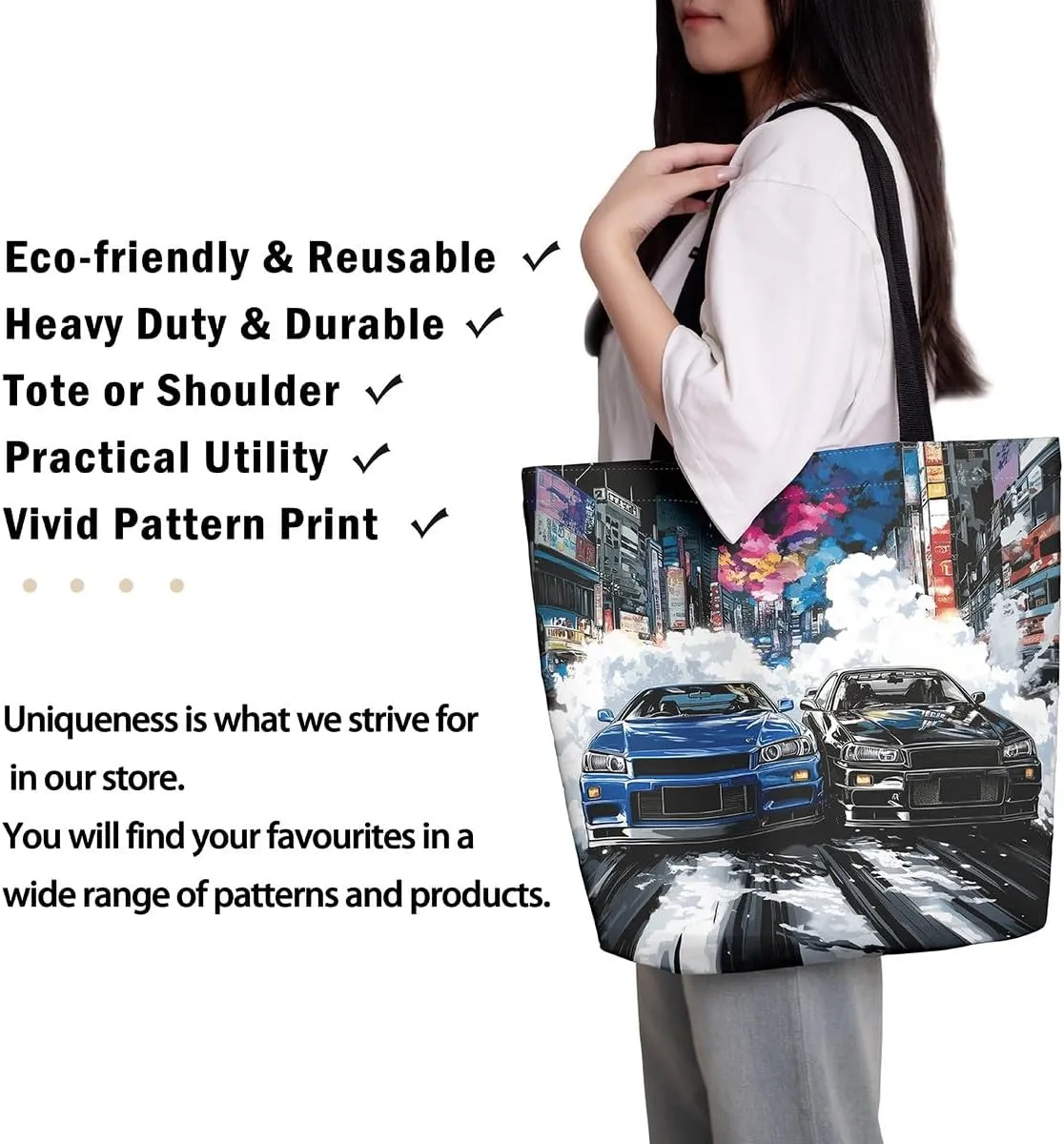 Sports Race Car Canvas Tote Bag,Cool Racing Car Shoulder Handbags for Shopping Gym,Large Capacity Travel Bag