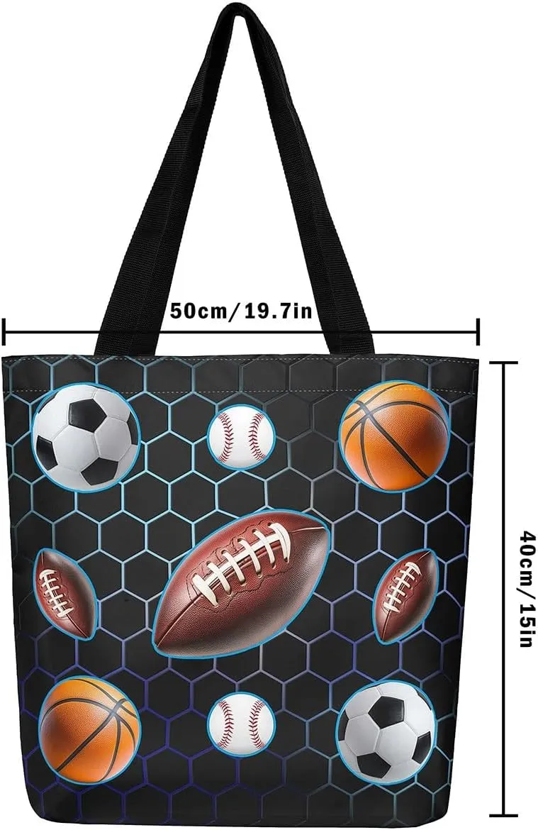 Sports Theme Canvas Tote Bag,Ball Games Basketball Shoulder Handbags for Shopping Gym Yoga,Large Capacity