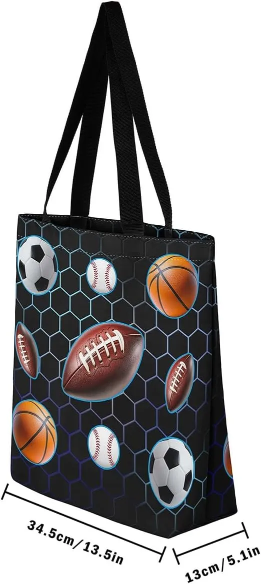Sports Theme Canvas Tote Bag,Ball Games Basketball Shoulder Handbags for Shopping Gym Yoga,Large Capacity