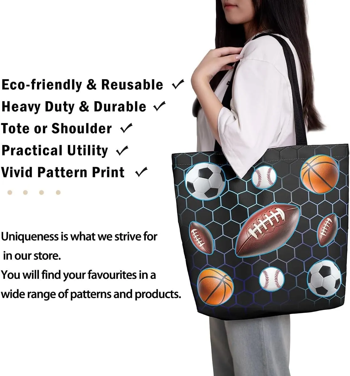 Sports Theme Canvas Tote Bag,Ball Games Basketball Shoulder Handbags for Shopping Gym Yoga,Large Capacity