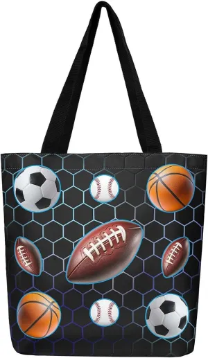 Sports Theme Canvas Tote Bag,Ball Games Basketball Shoulder Handbags for Shopping Gym Yoga,Large Capacity