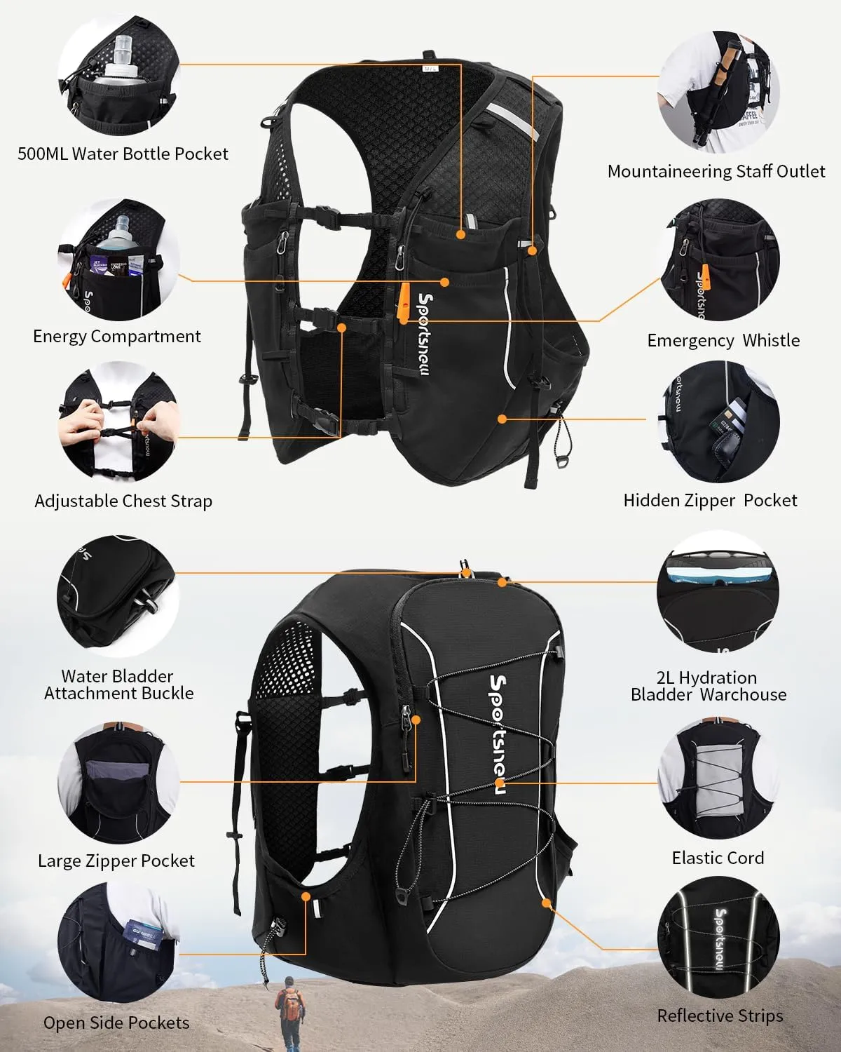sportsnew Running Vest for Women Men, Lightweight 10L Hydration Backpack with Waterproof Phone Pocket, Breathable Pack for Hiking Trail Running Cycling Marathon