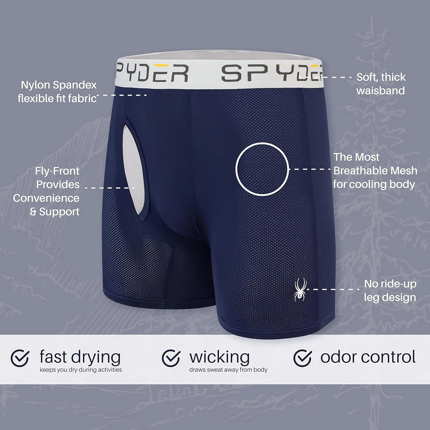 Spyder Mens Boxer Briefs Performance Nylon Mesh Sports Underwear With Fly Front