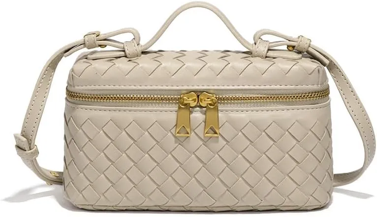 Square Box Crossbody Purse, Mini PU Leather Shoulder Bag, Top-Handle Tote Handbag, Woven Design