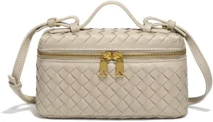 Square Box Crossbody Purse, Mini PU Leather Shoulder Bag, Top-Handle Tote Handbag, Woven Design