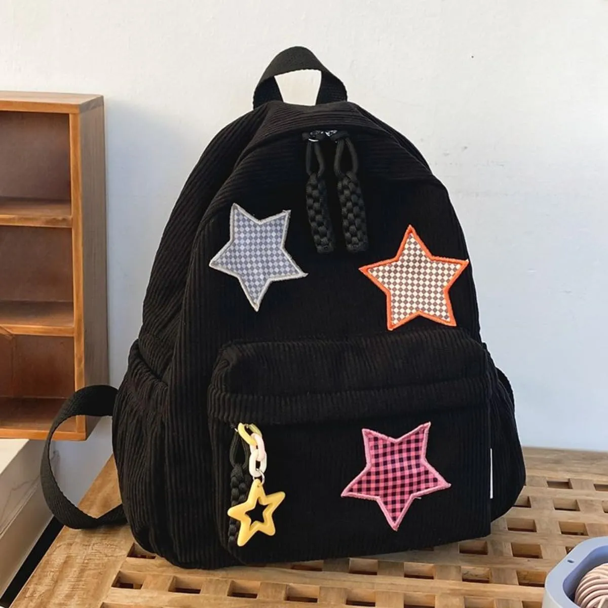Star Backpack Kawaii Large Capacity Aesthetic Rucksack Cute Accessories Bag for Woman Light-hearted Mori (Black,Large)