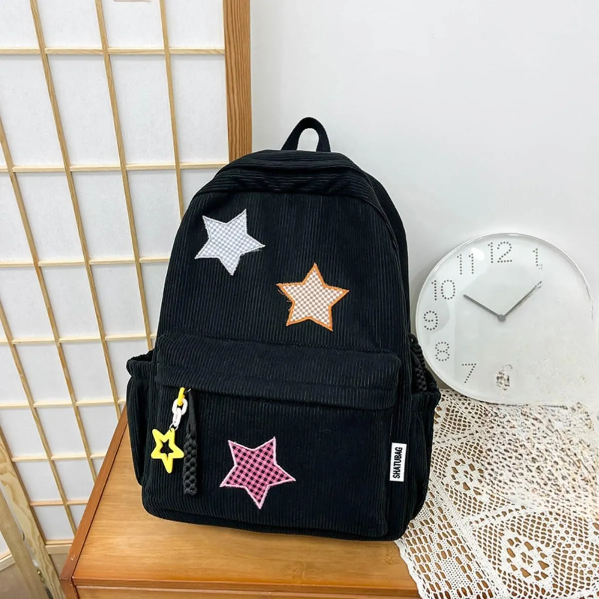 Star Backpack Kawaii Large Capacity Aesthetic Rucksack Cute Accessories Bag for Woman Light-hearted Mori (Black,Large)